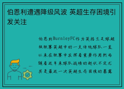 伯恩利遭遇降级风波 英超生存困境引发关注